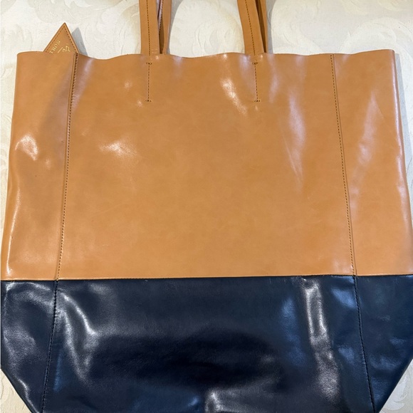Sorial New York Leather Tote Bag Tan & Navy Colorblock Large Carryall - Picture 6 of 10